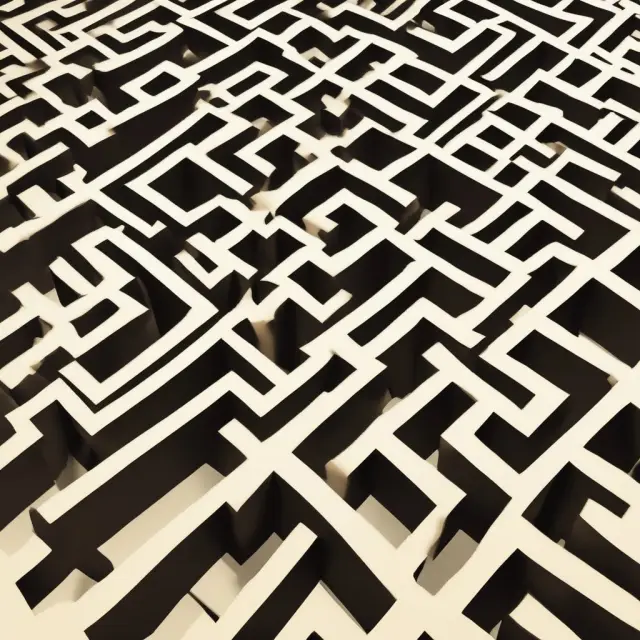 A person navigating through a maze filled with financial question markers, finding a golden solution representing fixed cost queries and answers