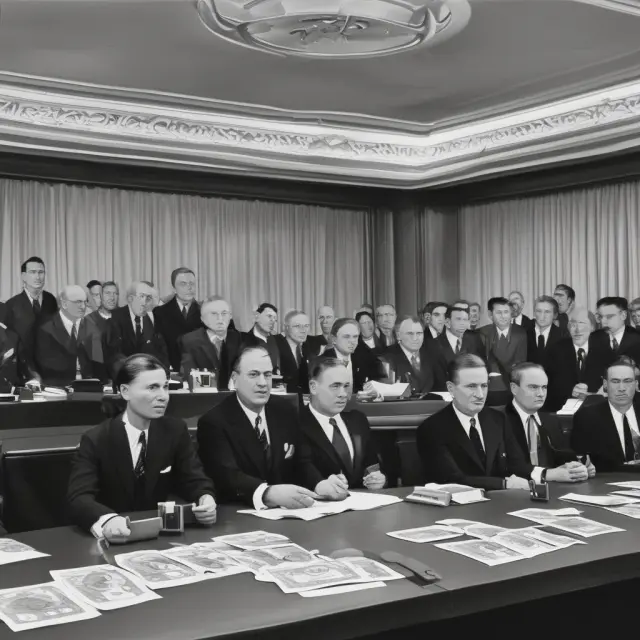 A scene from the 1944 Bretton Woods Conference, with countries