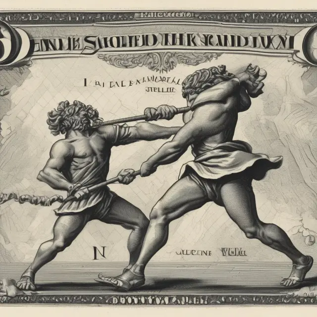 Currencies engaged in a tug-of-war within the European Exchange Rate Mechanism (ERM), symbolizing economic cooperation and stability with occasional pressure leading to realignment.