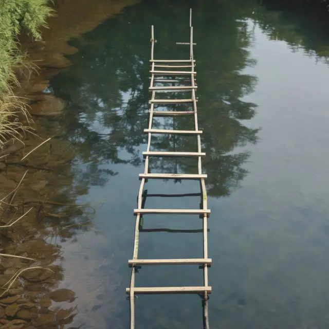 A serene pond filled with interconnected bonds creating a ladder, representing the diversified bond laddering investment strategy.