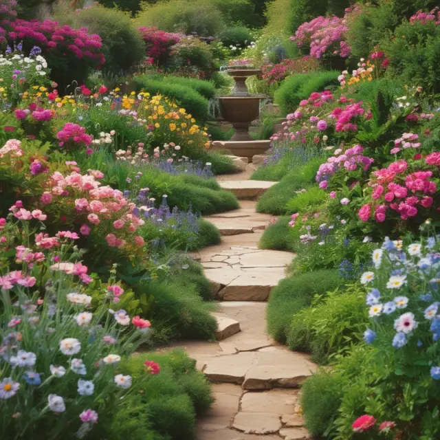 A vibrant garden showcasing various fixed income securities like flowers in full bloom: treasury bonds, corporate bonds, and CDs