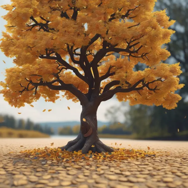 Image of a gold-leaved tree releasing steady coins into a pond, illustrating the predictable returns and stability of fixed income investments