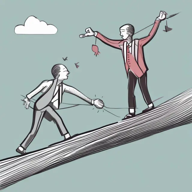 A tightrope walker balancing a bowl of stability (fixed income) and a seedling representing growth (stocks).
