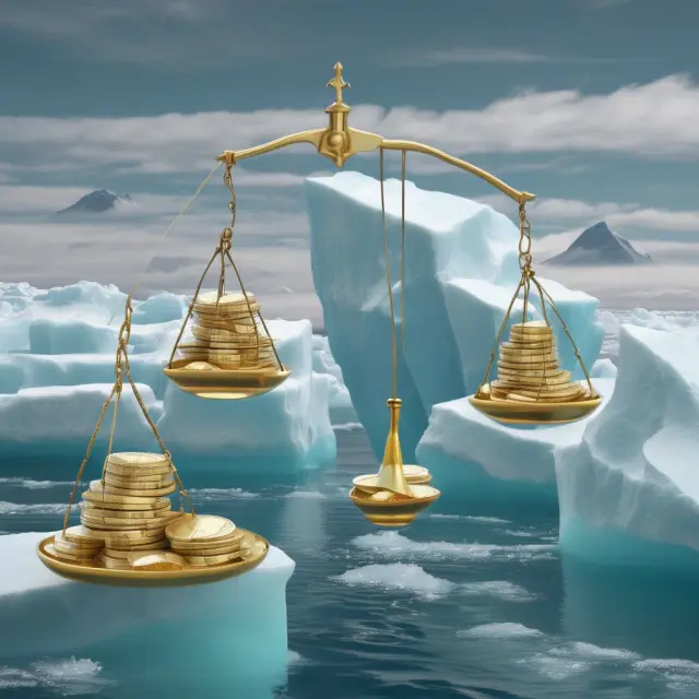 Gold coins representing advantages and sinking icebergs symbolizing disadvantages in a balanced scale for fixed income investments