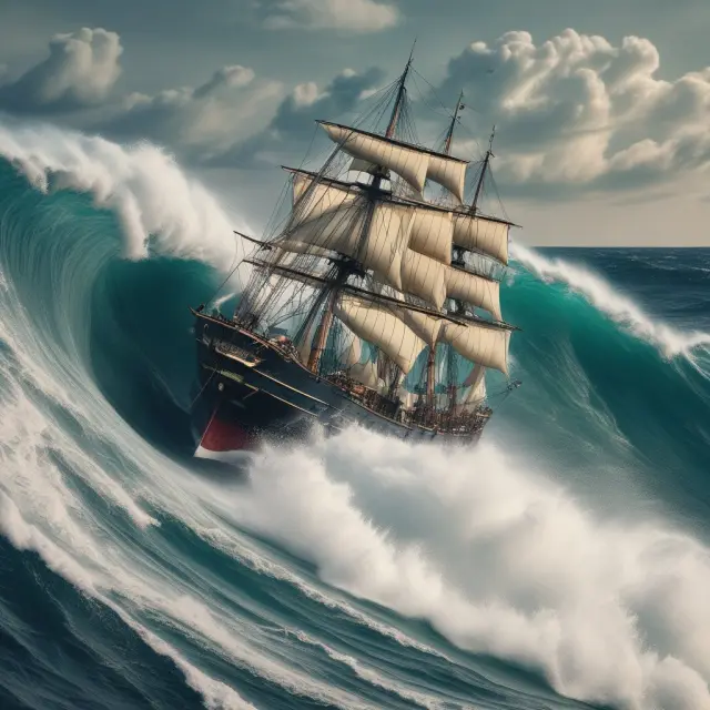 A ship navigating through an ocean with interest rate waves representing different environments, demonstrating the impact on choosing between fixed and variable rate loans