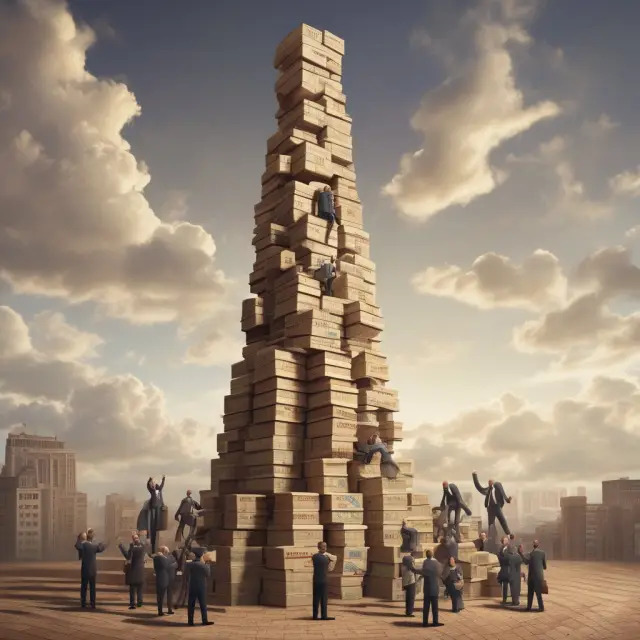 Oligarchs collaborating on a precarious Jenga tower to manipulate market prices