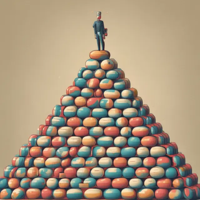 Buyers colluding on a pyramid of doxorubicin pills, with a secretive meeting scene and a backdrop of market graphs to illustrate price manipulation