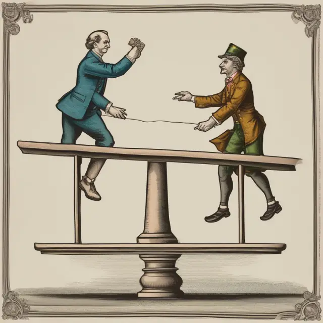 Image of two currencies represented by coins balanced on a seesaw beam, representing currency pegging