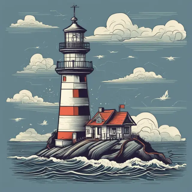 A lighthouse symbolizing price transparency shining over a turbulent sea, with consumers navigating towards it.