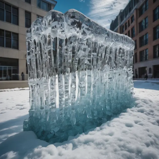 An intricate ice sculpture slowly melting in a tranquil environment, symbolizing flat markets influenced by economic indicators