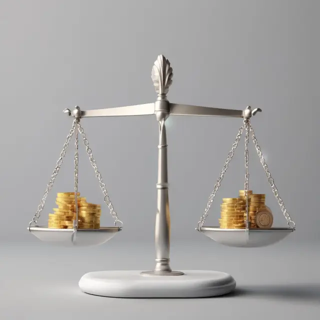 Golden coins represent short-term bonds, while silver coins depict long-term bonds on a balance scale in a flat yield curve scenario.