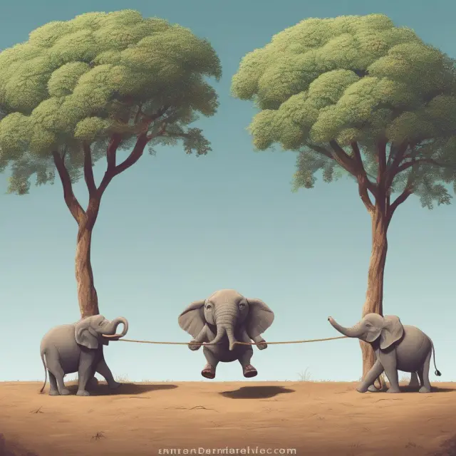 An elephant and mouse balancing act on a seesaw symbolizing long-term and short-term bonds during a flat yield curve.