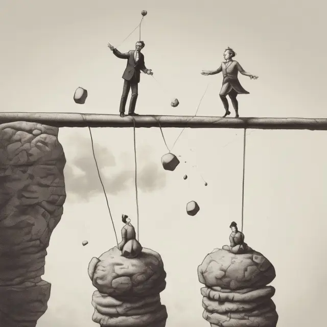 Image of a person balancing on a tightrope, juggling stones labeled 
