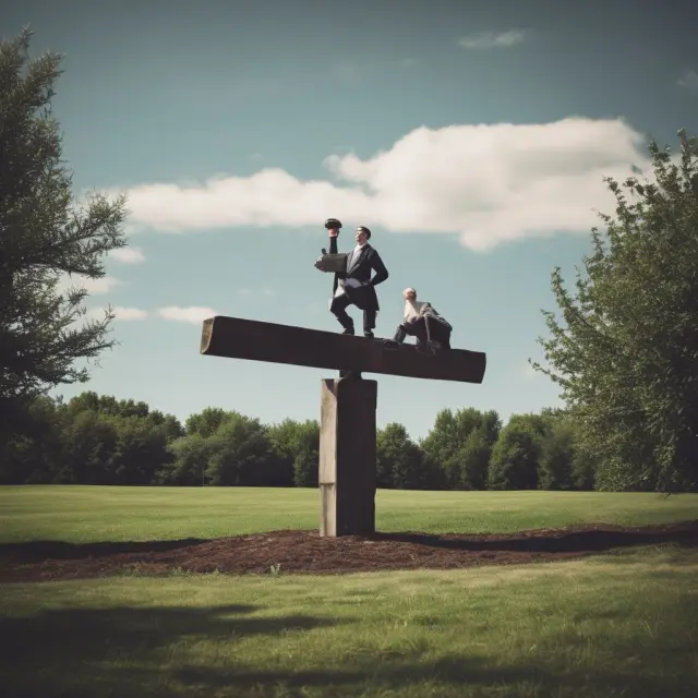 A person representing corporations standing precariously on a seesaw curve with shifting short and long-term yields, symbolizing the challenges of borrowing costs in an uncertain economy.