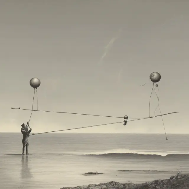 Man balances two balls on a tightrope: one large ball symbolizes long-term bonds while the smaller ball represents short-term bonds. Barbell strategy for managing portfolio risk.