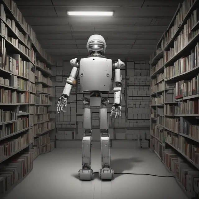 A robot opening a time capsule, revealing historical milestones of Flexible Manufacturing Systems (FMS) from Jerome Lemelson