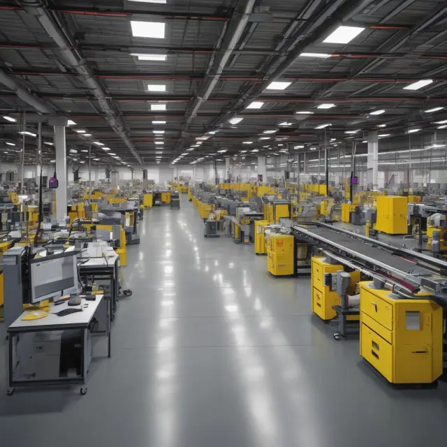 A visualization of a Flexible Manufacturing System (FMS) comprised of interconnected workstations for loading/unloading, machining, assembly, storing, testing, and data processing