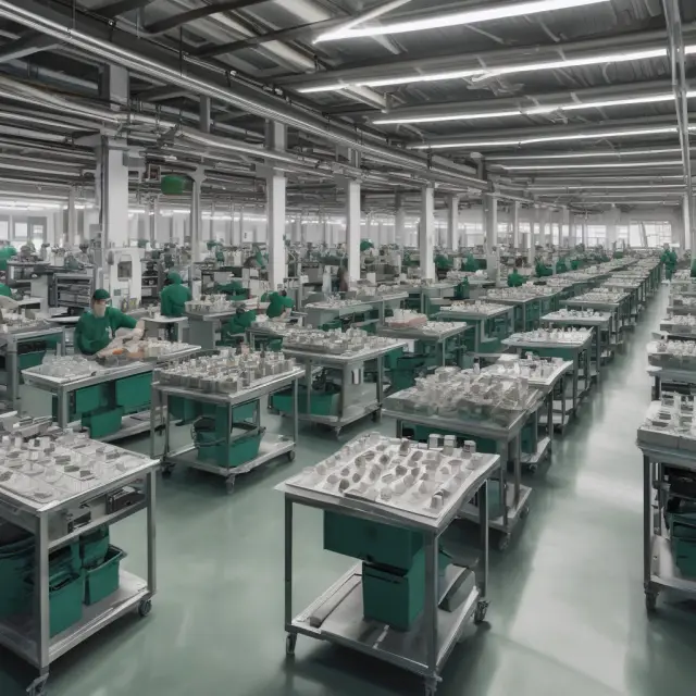 A colorful chameleon factory seamlessly adjusting its production line for diverse products, symbolizing the adaptability and efficiency of a flexible manufacturing system.