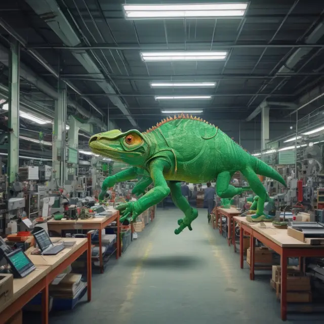 A chameleon morphing through technology branches, symbolizing evolving flexible manufacturing systems with industry trends.