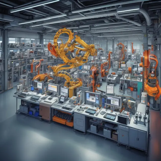 Automated FMS with interconnected workstations, colorful product flow, and gears symbolizing efficient production