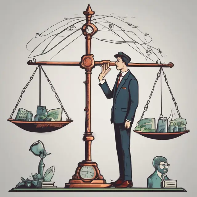 Time traveler meticulously managing FSA funds by balancing scales with contributions and expenses
