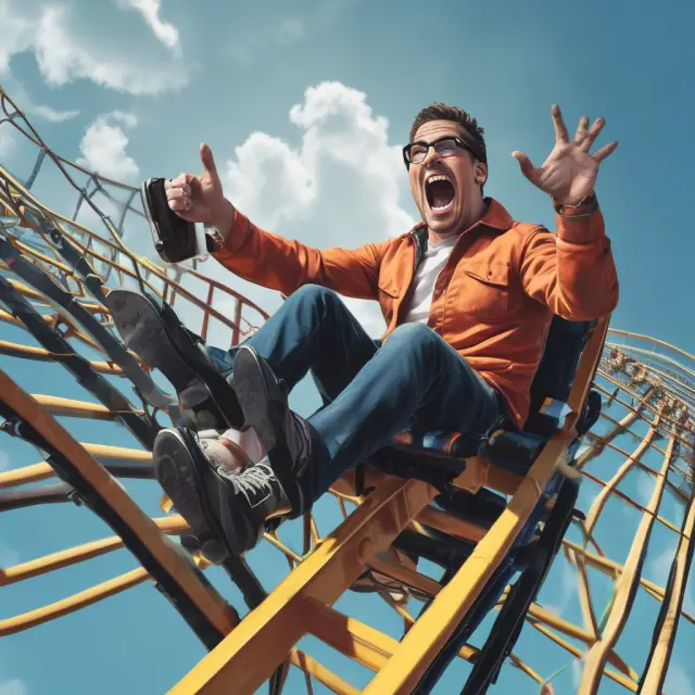 A trader navigating market volatility on a rollercoaster, symbolizing the need for adaptability and quick responses when flipping positions in technical trading