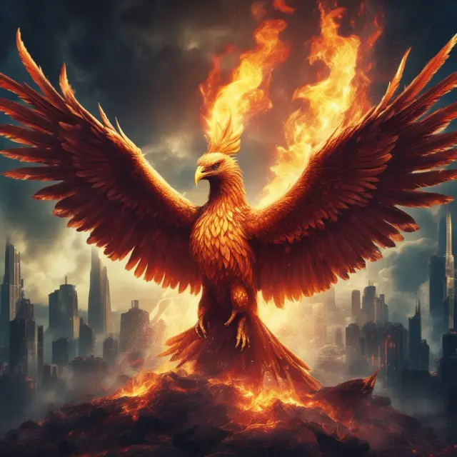 Phoenix rising from ashes, symbolizing the potential for profit in IPO flipping. SEO: phoenix, IPO, flipping, profit