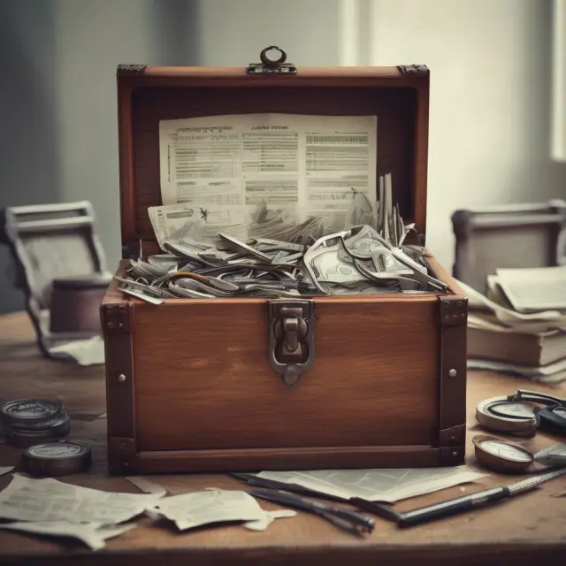 A treasure chest overflowing with gold coins representing various financial tools and resources for investors: technical indicators, real estate evaluation tools, and IPO information.