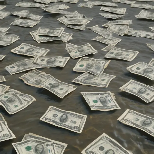 A tide carrying banknotes away symbolizes the transient and temporal nature of float in modern finance