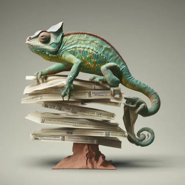 A chameleon shifting colors between two bank statements, representing fraudulent use and manipulation of float