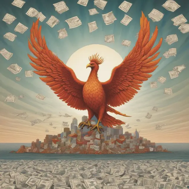 Phoenix flying over checkbooks and papers symbolizing the historical significance of float in finance