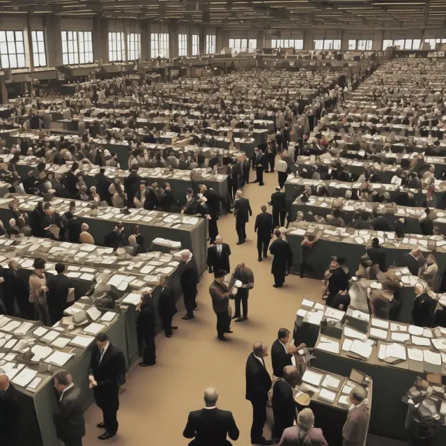A lively image of an auction floor filled with traders negotiating shares amidst a dynamic stock exchange environment.
