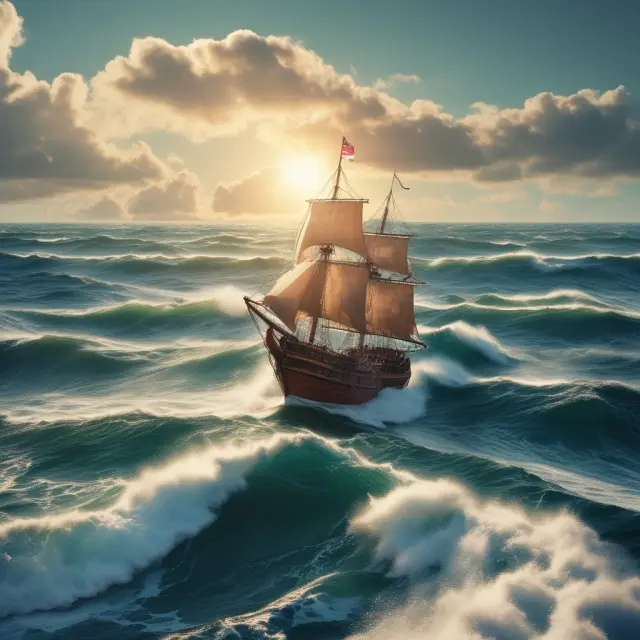 A calming seascape with floating stocks depicted as ships navigating through waves, symbolizing stock ownership changes and trading on the secondary market.