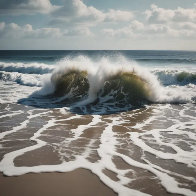 Waves of different currencies crashing into each other on a seashore, representing long-term economic factors and short-term speculation in floating exchange rates