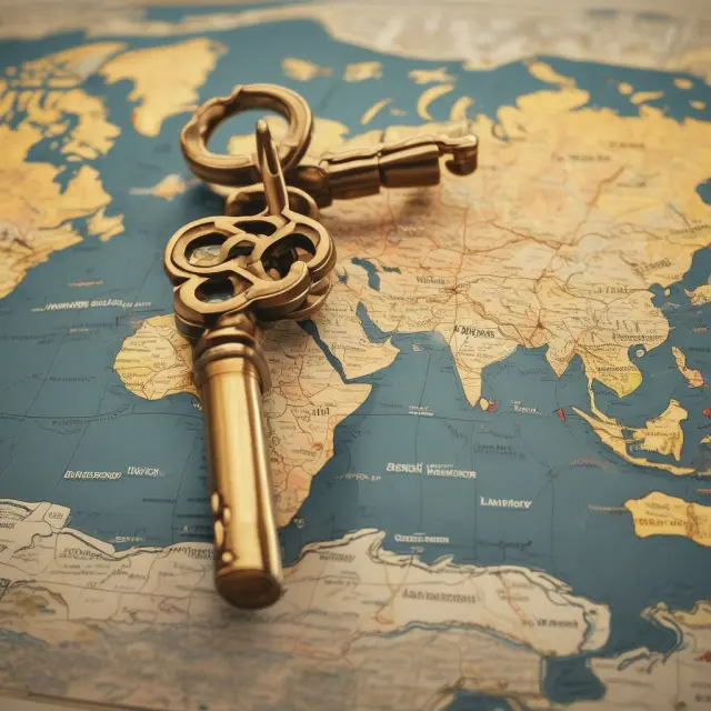 A golden key opens an intricate map of various currencies, symbolizing the start of the Bretton Woods Agreement in 1944