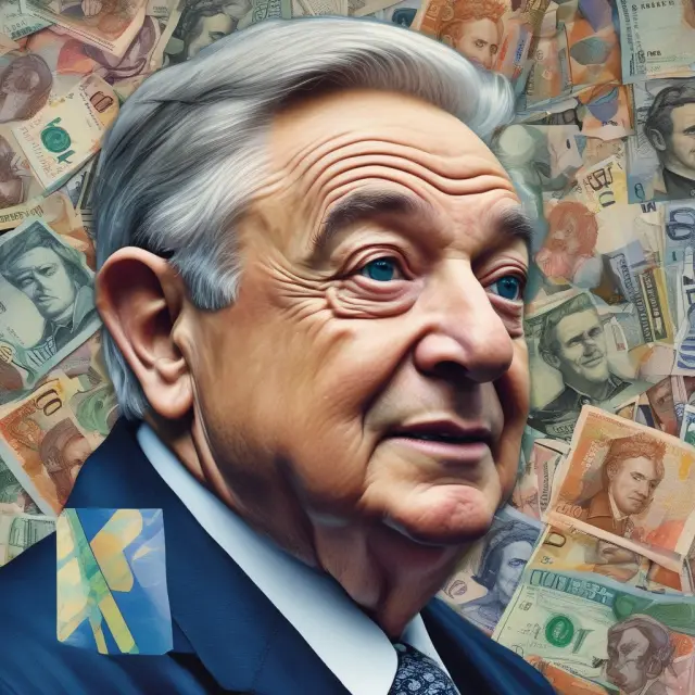 An image of George Soros amidst a gathering storm, with the British pound depicted as a sinking ship in the midst of a tumultuous sea of currencies