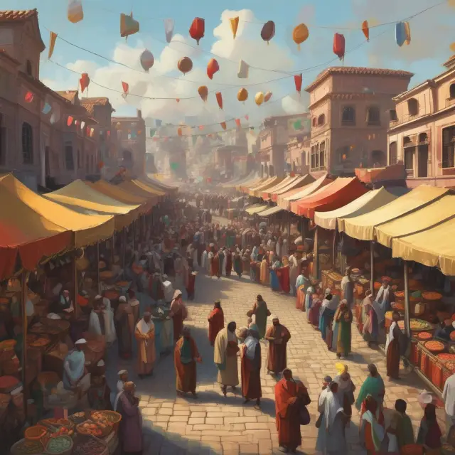 Currencies floating and trading in a bustling marketplace, where buyers and sellers discuss exchange rate dynamics