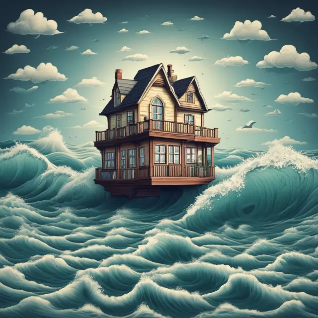 An adjustable-rate mortgage (ARM) floating on a sea of interest rates, with waves symbolizing different benchmarks like LIBOR and crests representing fixed rates