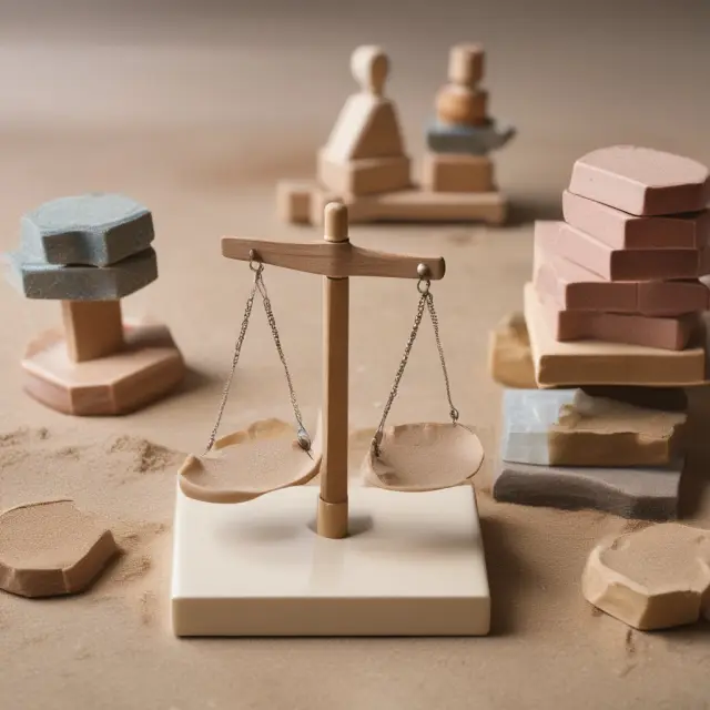 Balance scale comparing building size to lot size: bricks represent structures, sand represents land