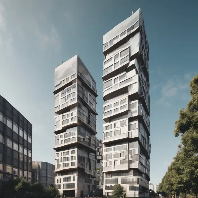 Two neighboring buildings, one tall and one short, sharing the same floor area ratio but varying in height and impact on their surroundings
