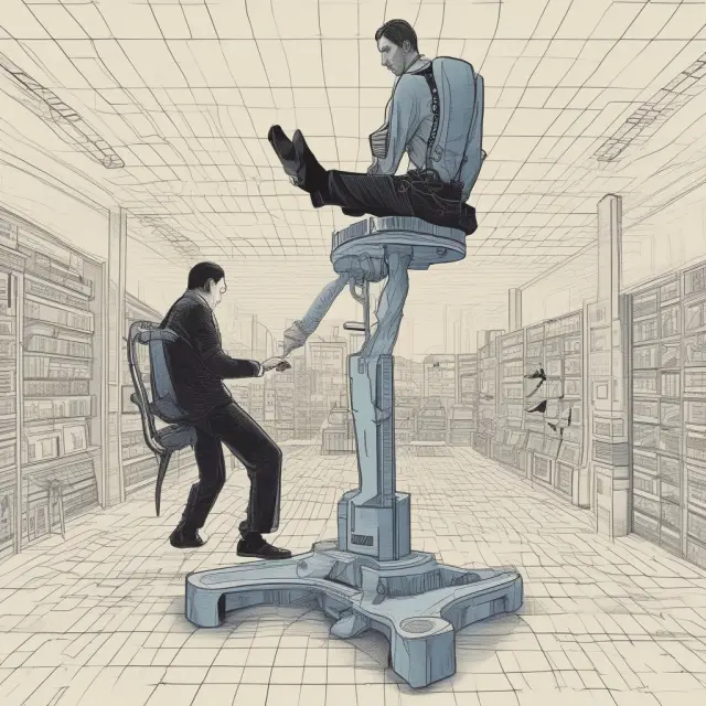 A floor trader atop a seesaw, representing the balance between human expertise in floor trading and the rise of automated electronic trading.