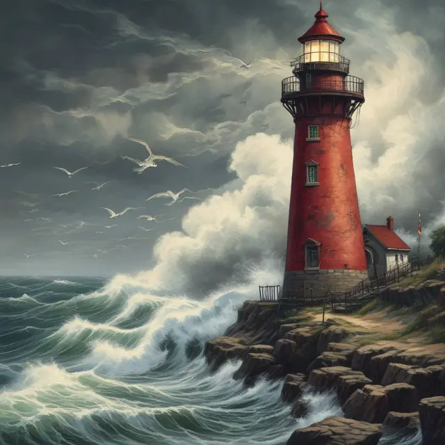 Lighthouses symbolize floor traders providing market stability, contrasted with algorithmic trading represented as a weather vane adapting to data winds, emphasizing their roles in financial markets
