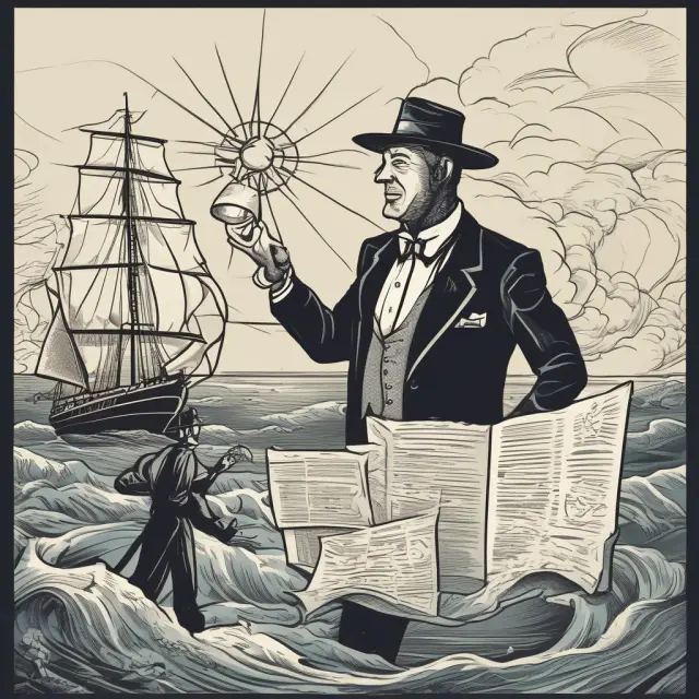 An investment bank serves as a compass, with an underwriter holding a map of prospectus documents and using a megaphone to market the company during the IPO process.
