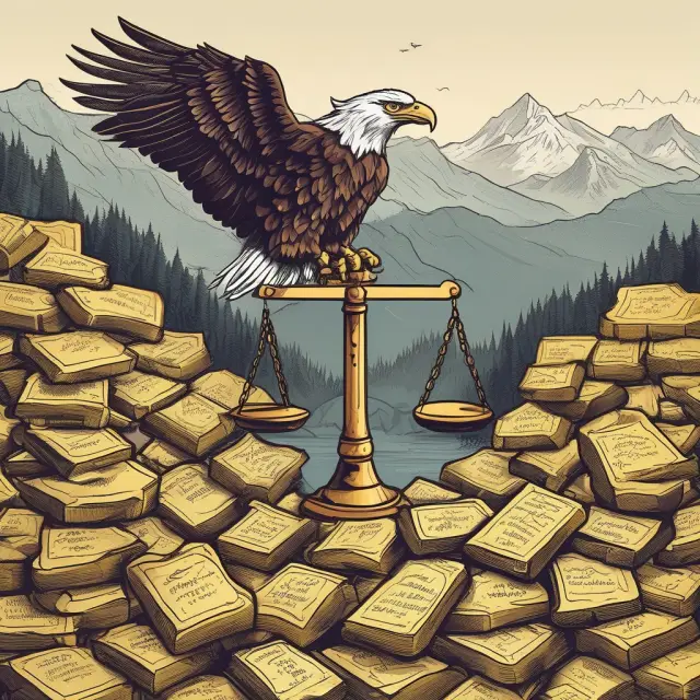 An investment banker climbs a mountain of gold, accompanied by eagles (underwriting fees) and weighed down by law books (legal fees), symbolizing flotation costs.