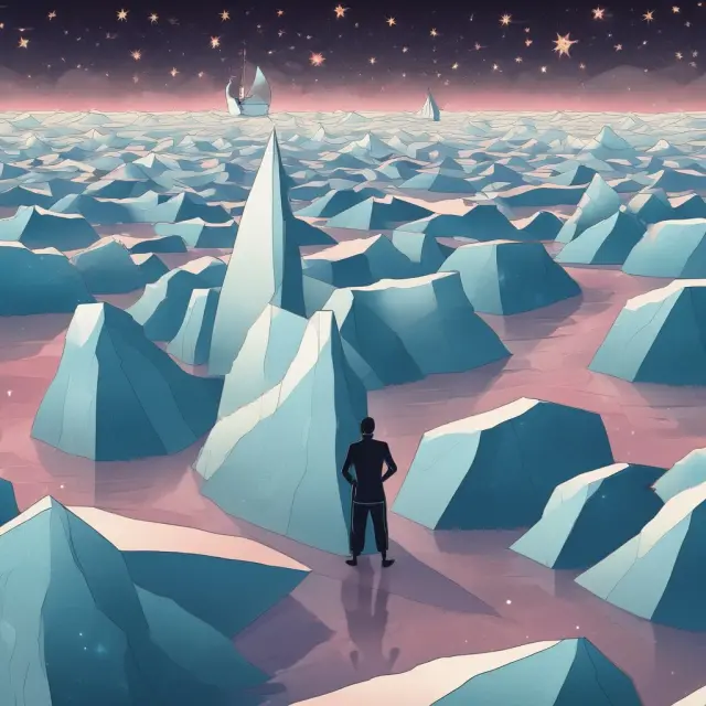An investor sailing on a serene sea, guided by dividend growth rate stars and maneuvering around an iceberg symbolizing flotation costs