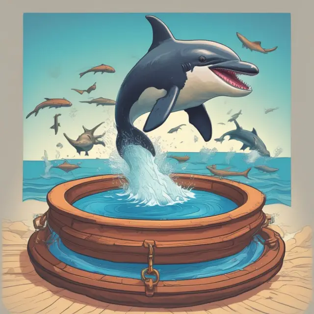 A playful dolphin symbolizing single taxation, effortlessly swimming through a ring of menacing shark fins representing double taxation