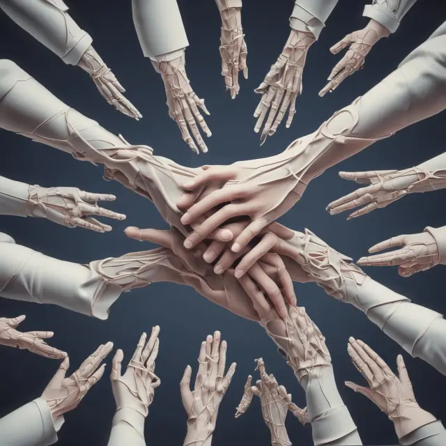 A group of hands intertwined, creating symbols for sole proprietorships, partnerships, LLCs, and S Corporations.