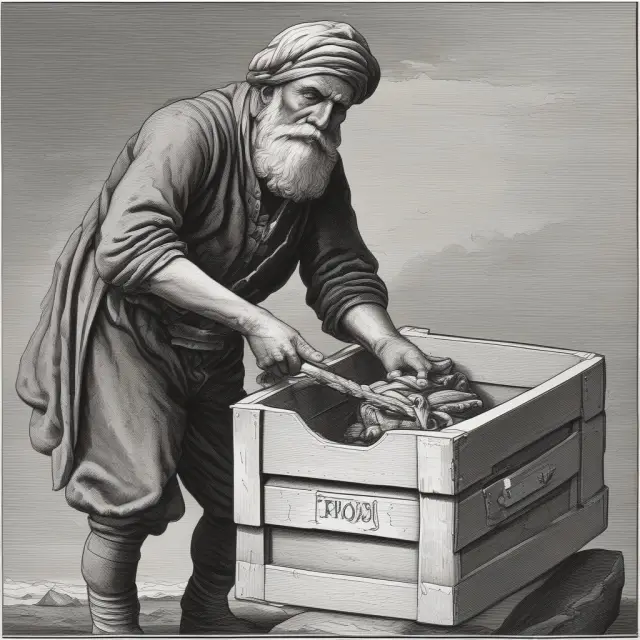 An old sailor hands over a marked crate as the risk of loss shifts from seller to buyer during an international shipping transaction (FOB).