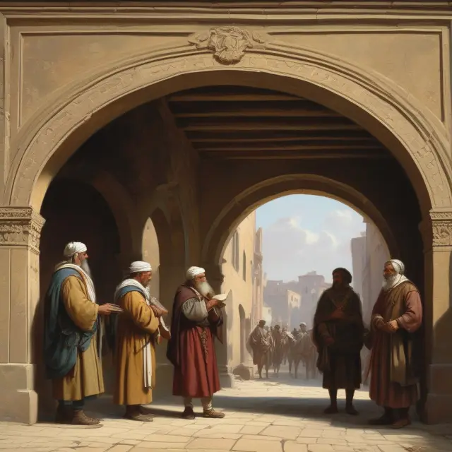 Wise merchants discussing FOB terms under the protective archway of an ancient market, symbolizing effective communication and risk management during international trade.