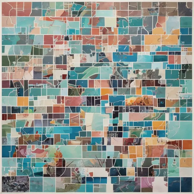 Mosaic illustration of interlinked economic sectors (households, nonprofits, corporations, farms, government, and foreign sector) within the Flow of Funds framework.
